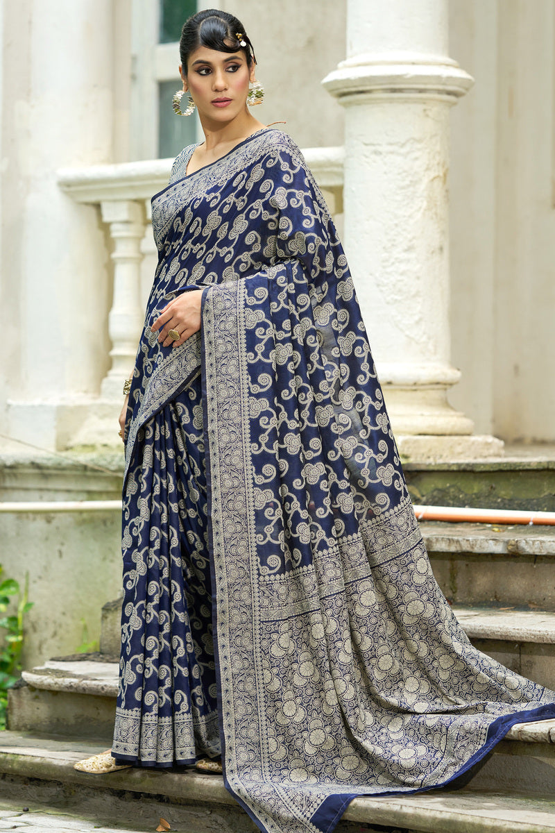 Lustrous Navy Blue Lucknowi Silk Saree With Ideal Blouse Piece