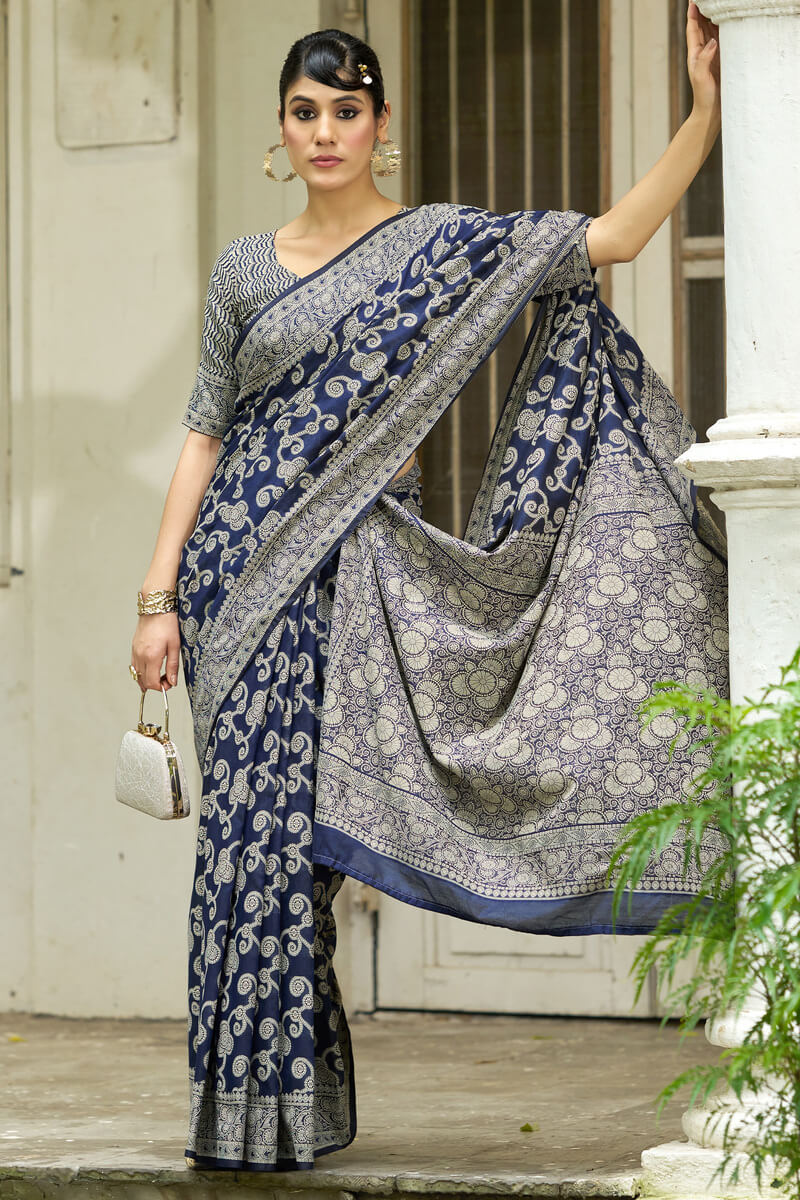 Lustrous Navy Blue Lucknowi Silk Saree With Ideal Blouse Piece