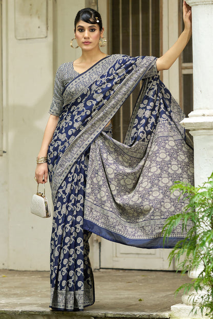Lustrous Navy Blue Lucknowi Silk Saree With Ideal Blouse Piece