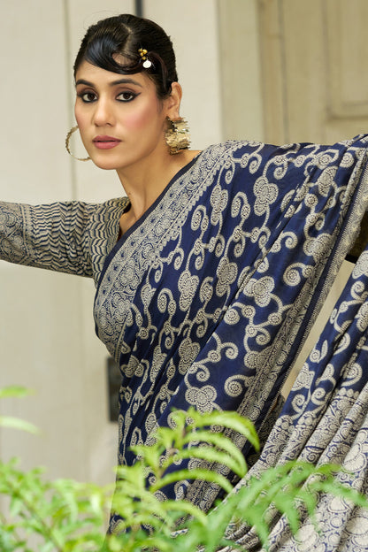 Lustrous Navy Blue Lucknowi Silk Saree With Ideal Blouse Piece