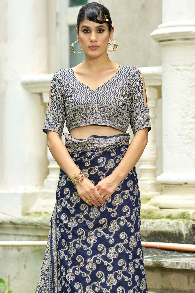 Lustrous Navy Blue Lucknowi Silk Saree With Ideal Blouse Piece