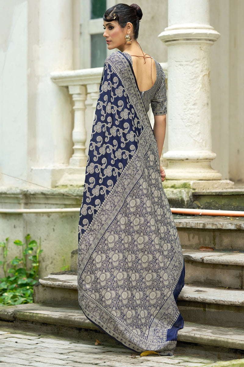 Lustrous Navy Blue Lucknowi Silk Saree With Ideal Blouse Piece