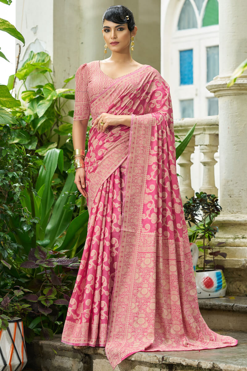 Elaborate Pink Lucknowi Silk Saree With Splendiferous Blouse Piece