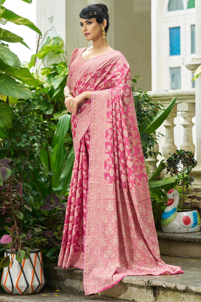 Elaborate Pink Lucknowi Silk Saree With Splendiferous Blouse Piece