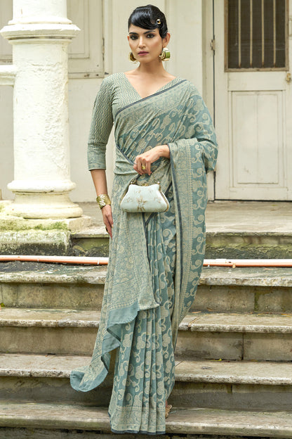Twirling Sea Green Lucknowi Silk Saree With Outstanding Blouse Piece