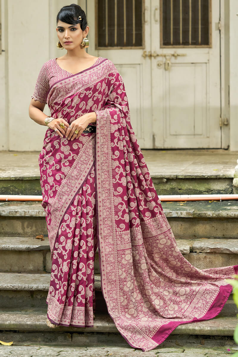 Efflorescence Wine Lucknowi Silk Saree With Sensational Blouse Piece