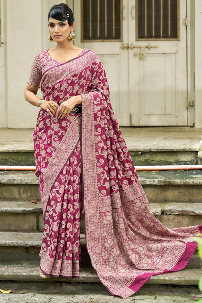 Efflorescence Wine Lucknowi Silk Saree With Sensational Blouse Piece