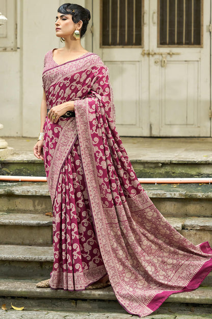 Efflorescence Wine Lucknowi Silk Saree With Sensational Blouse Piece