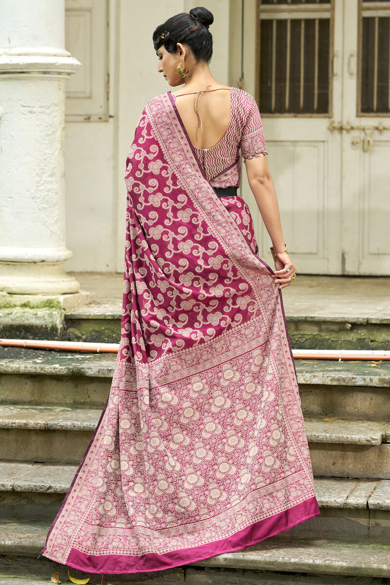 Efflorescence Wine Lucknowi Silk Saree With Sensational Blouse Piece