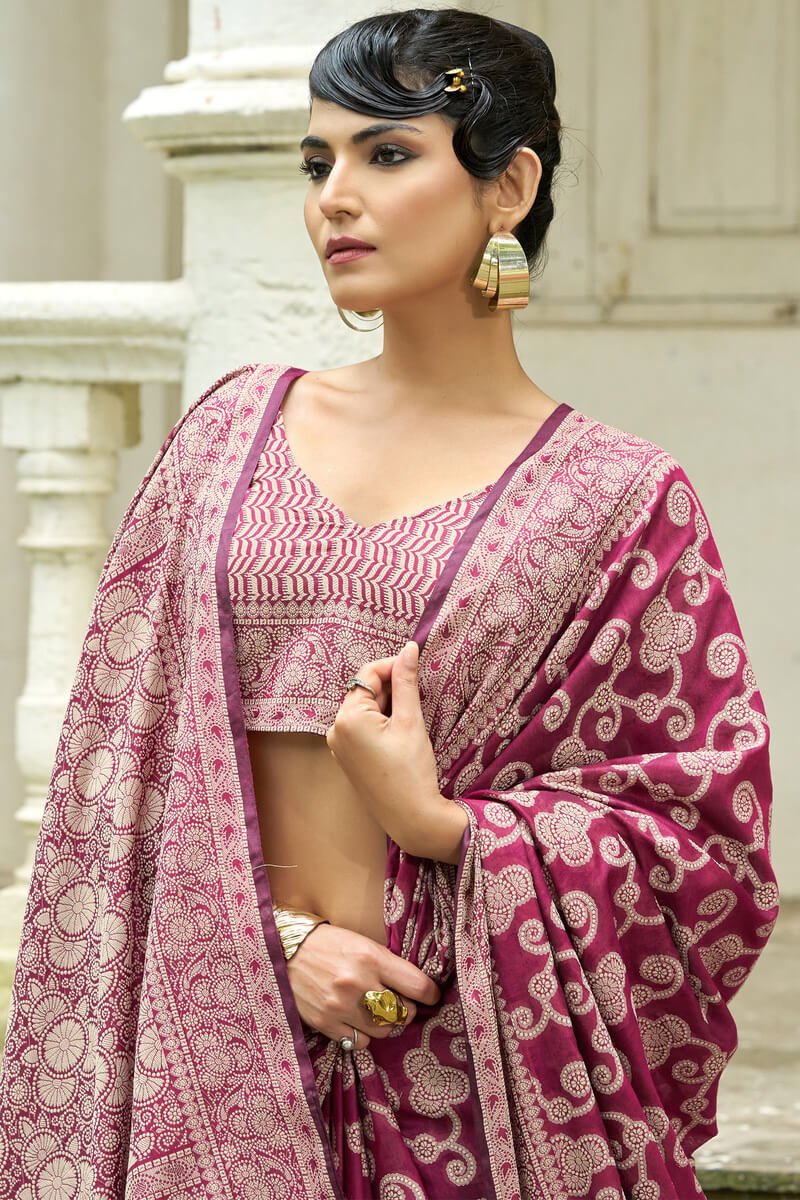 Efflorescence Wine Lucknowi Silk Saree With Sensational Blouse Piece