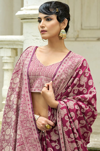 Efflorescence Wine Lucknowi Silk Saree With Sensational Blouse Piece