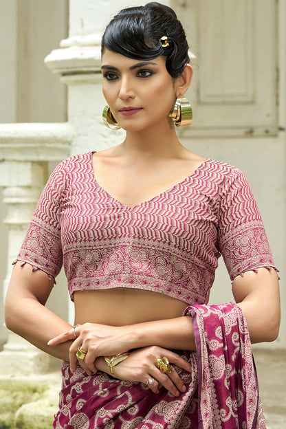 Efflorescence Wine Lucknowi Silk Saree With Sensational Blouse Piece