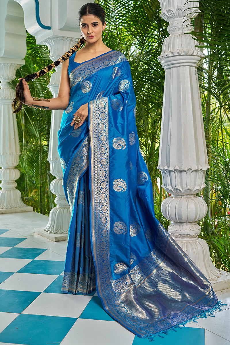 Felicitous Blue Soft Banarasi Silk Saree With Piquant Blouse Piece