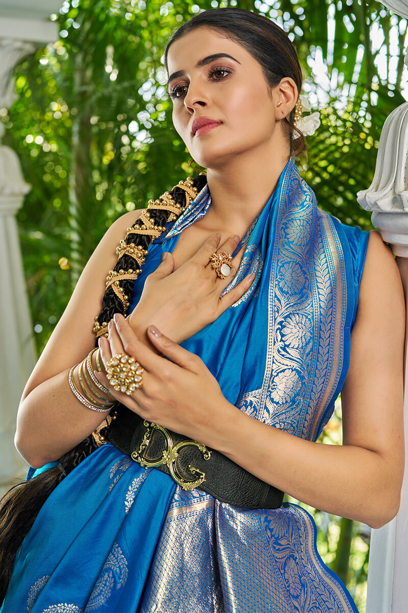 Delectable Blue Pure Banarasi Silk Saree With Quintessential Blouse Piece