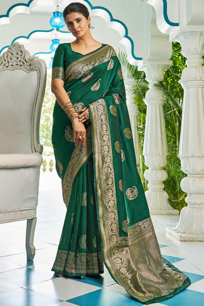 Marvellous Dark Green Pure Banarasi Silk Saree With Evocative Blouse Piece