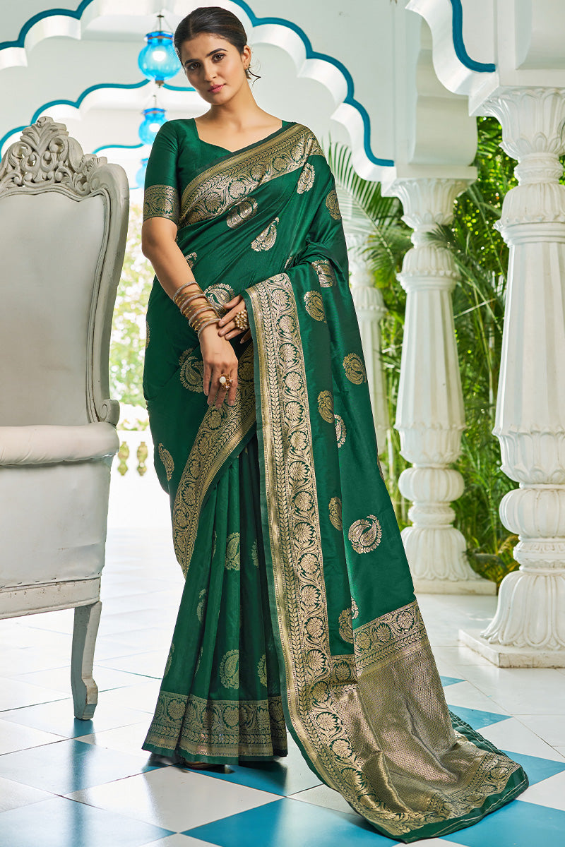 Snappy Dark Green Soft Banarasi Silk Saree With Exquisite Blouse Piece