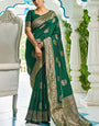 Snappy Dark Green Soft Banarasi Silk Saree With Exquisite Blouse Piece