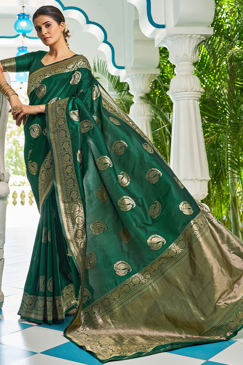 Marvellous Dark Green Pure Banarasi Silk Saree With Evocative Blouse Piece