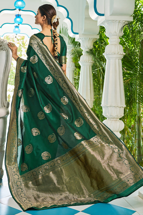 Load image into Gallery viewer, Snappy Dark Green Soft Banarasi Silk Saree With Exquisite Blouse Piece
