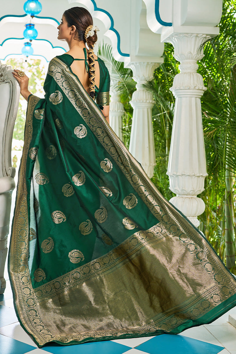 Snappy Dark Green Soft Banarasi Silk Saree With Exquisite Blouse Piece