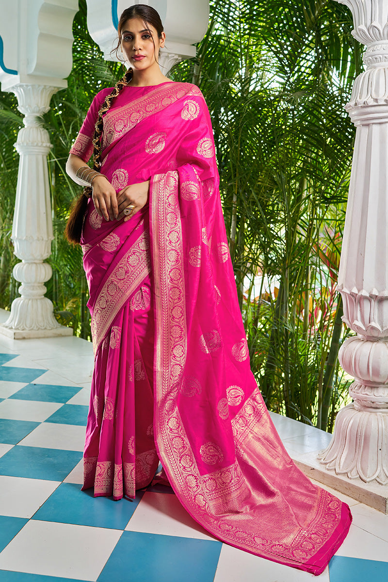 Confounding Dark Pink Soft Banarasi Silk Saree With Quixotic Blouse Piece