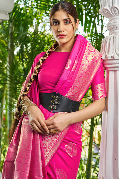 Load image into Gallery viewer, Confounding Dark Pink Soft Banarasi Silk Saree With Quixotic Blouse Piece
