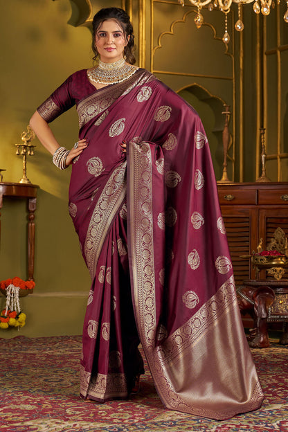 Winsome Purple Pure Banarasi Silk Saree With Posh Blouse Piece