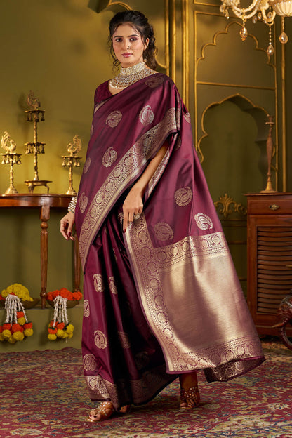 Winsome Purple Pure Banarasi Silk Saree With Posh Blouse Piece