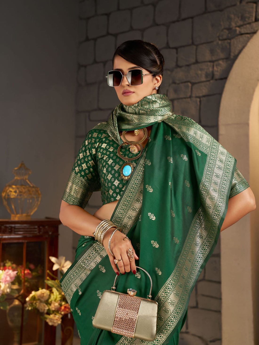 Capricious Dark Green Banarasi Silk Saree With Glamorous Blouse Piece