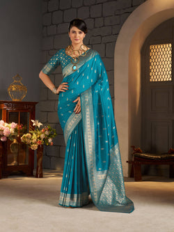 Luminous Firozi Banarasi Silk Saree With Ravishing Blouse Piece