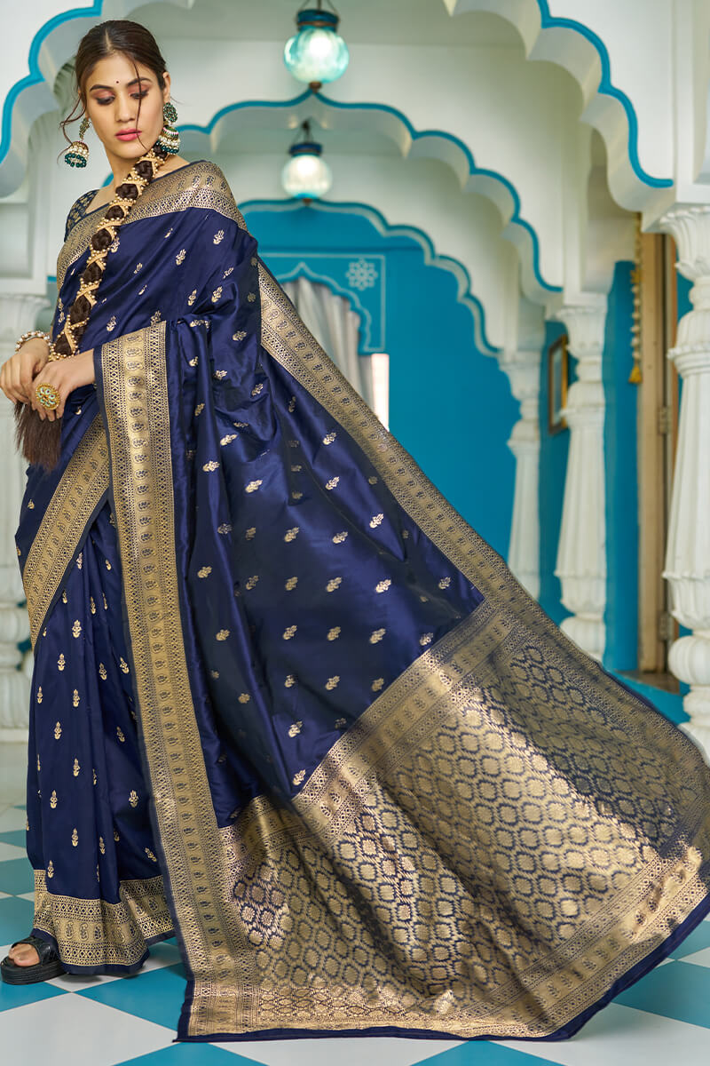 Panoply Navy Blue Banarasi Silk Saree With Staggering Blouse Piece