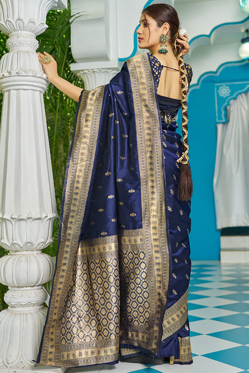 Panoply Navy Blue Banarasi Silk Saree With Staggering Blouse Piece