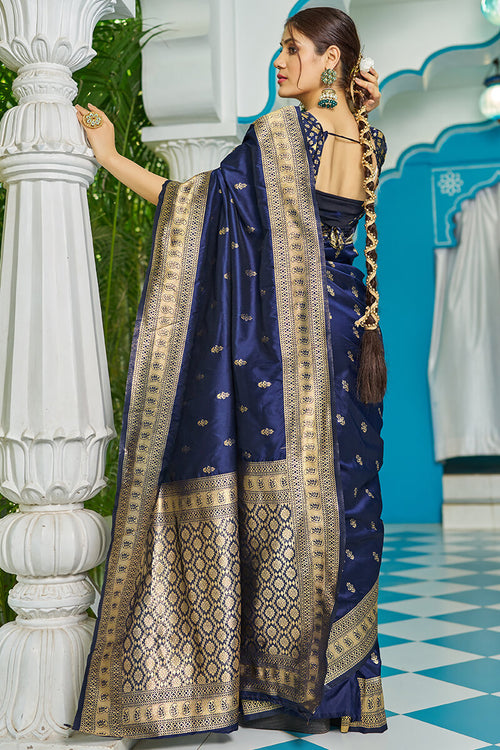 Load image into Gallery viewer, Panoply Navy Blue Banarasi Silk Saree With Staggering Blouse Piece

