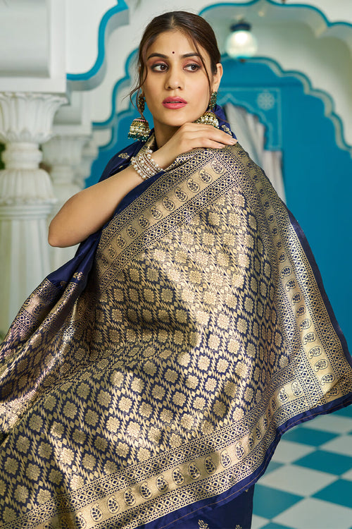 Load image into Gallery viewer, Panoply Navy Blue Banarasi Silk Saree With Staggering Blouse Piece
