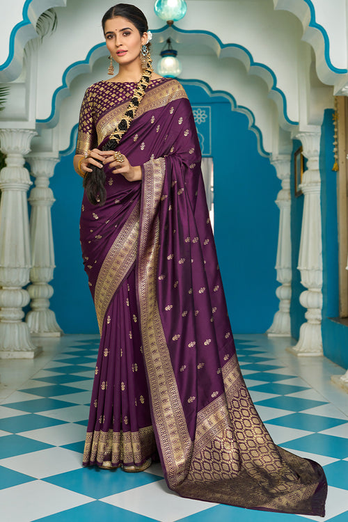 Load image into Gallery viewer, Lagniappe Purple Banarasi Silk Saree With Panoply Blouse Piece
