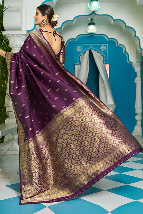 Load image into Gallery viewer, Lagniappe Purple Banarasi Silk Saree With Panoply Blouse Piece
