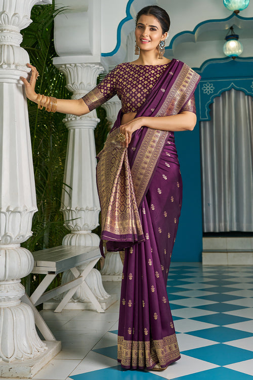 Load image into Gallery viewer, Lagniappe Purple Banarasi Silk Saree With Panoply Blouse Piece
