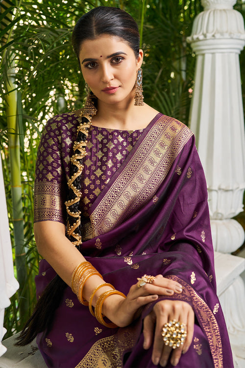 Load image into Gallery viewer, Lagniappe Purple Banarasi Silk Saree With Panoply Blouse Piece
