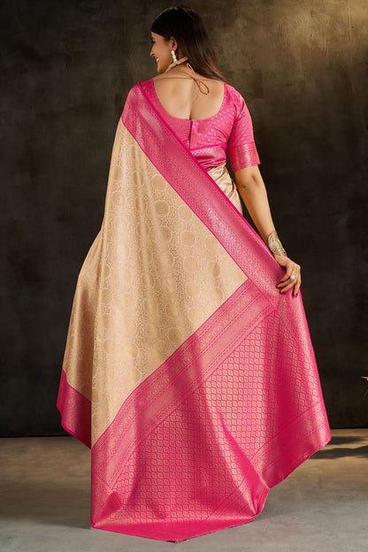 Incomparable Beige Pure Banarasi Silk Saree With Bewitching Blouse Piece