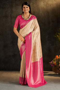 Incomparable Beige Pure Banarasi Silk Saree With Bewitching Blouse Piece