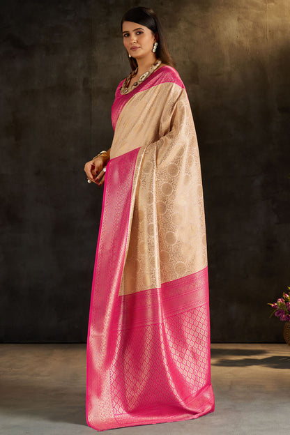 Incomparable Beige Pure Banarasi Silk Saree With Bewitching Blouse Piece
