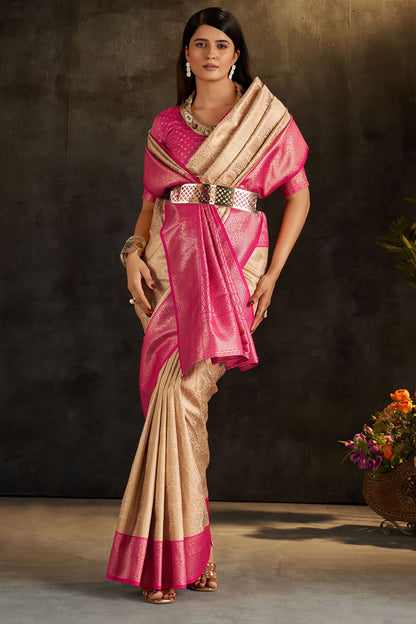 Incomparable Beige Pure Banarasi Silk Saree With Bewitching Blouse Piece