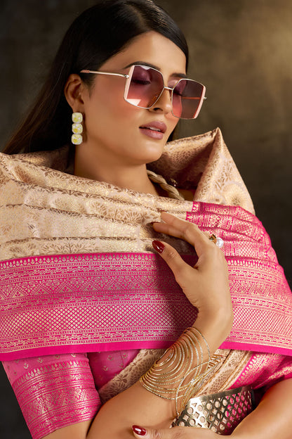 Incomparable Beige Pure Banarasi Silk Saree With Bewitching Blouse Piece
