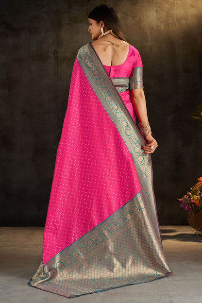 Scintilla Dark Pink Pure Banarasi Silk Saree With Fancifull Blouse Piece