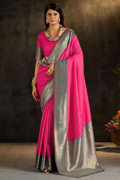 Scintilla Dark Pink Pure Banarasi Silk Saree With Fancifull Blouse Piece