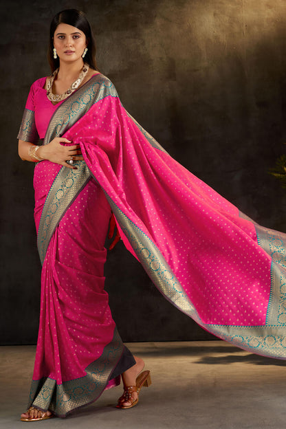Scintilla Dark Pink Pure Banarasi Silk Saree With Fancifull Blouse Piece
