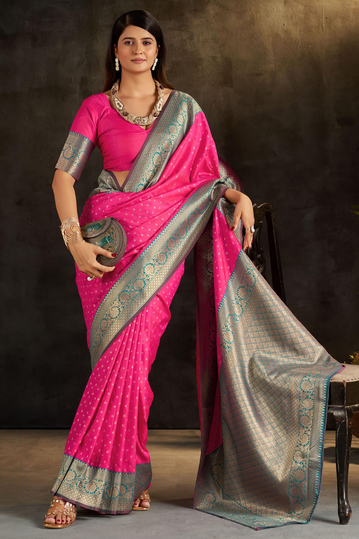 Scintilla Dark Pink Pure Banarasi Silk Saree With Fancifull Blouse Piece