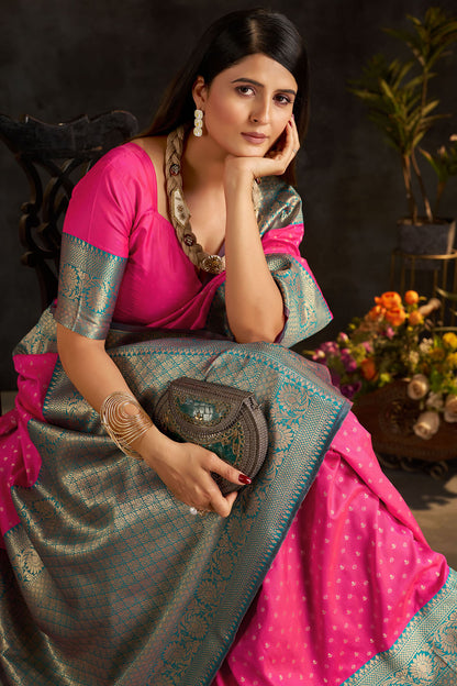 Scintilla Dark Pink Pure Banarasi Silk Saree With Fancifull Blouse Piece