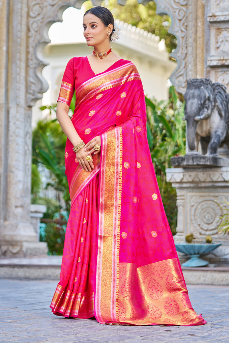 Attractive Dark Pink Kanjivaram Silk Saree With Ideal Blouse Piece