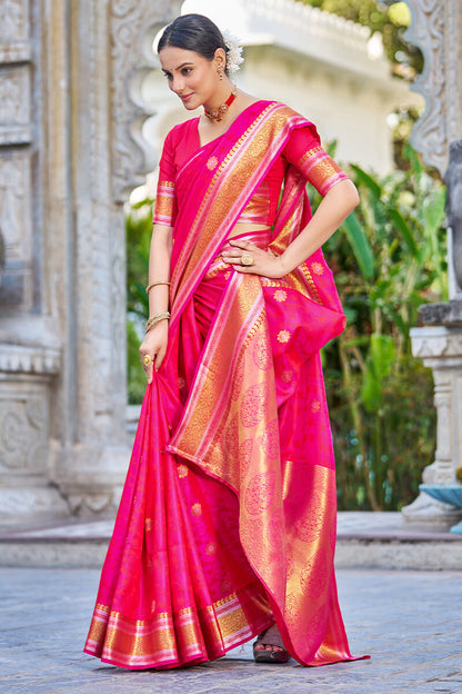 Attractive Dark Pink Kanjivaram Silk Saree With Ideal Blouse Piece